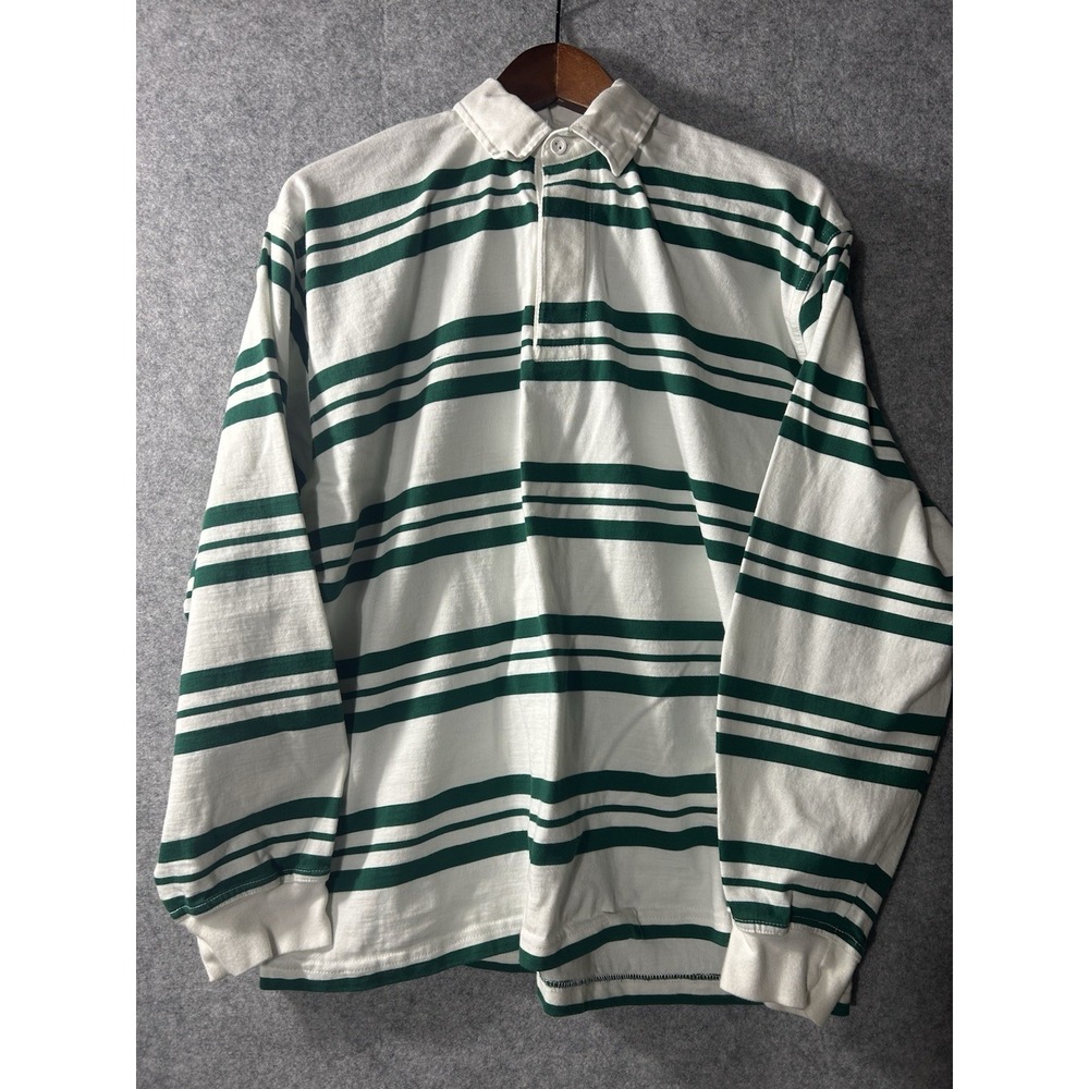 Vintage Rugby Shirt Mens Medium White Green Striped Long Sleeve Cotton 90s Y2K